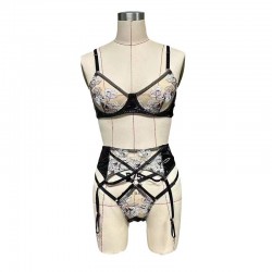 Lingerie for Women Embroidered Lace Underwire Strappy Bra and Panty Set with Removable Garter